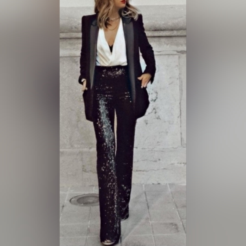Sincerely jules black full all over sequin shimmery pants size small New